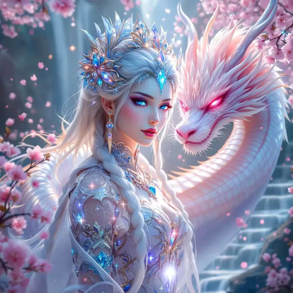 Conjunto de Pintura Diamante Dragão Branco e Princesa, Kit DIY de Pintura Diamante Completo para Adultos, Decoração de Casa, Artesanato Adulto Sem Moldura
