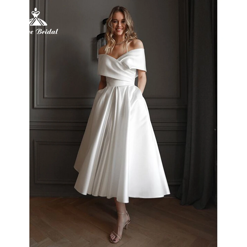 

Satin Off the Shoulder Wedding Dress Pleat A-Line Mid-Calf Bridal Lace Up Dresses with Pocket Sexy Back Civil Bride Custom Gown