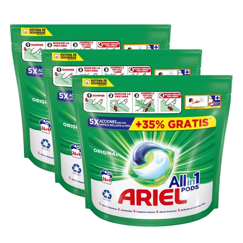 Ariel All-in-1 Pods Detergente Líquido – Pack de 3 De 26+9 (Total 105 Cápsulas) | Limpieza Profunda, Fácil Dosificación, Para Lavadora