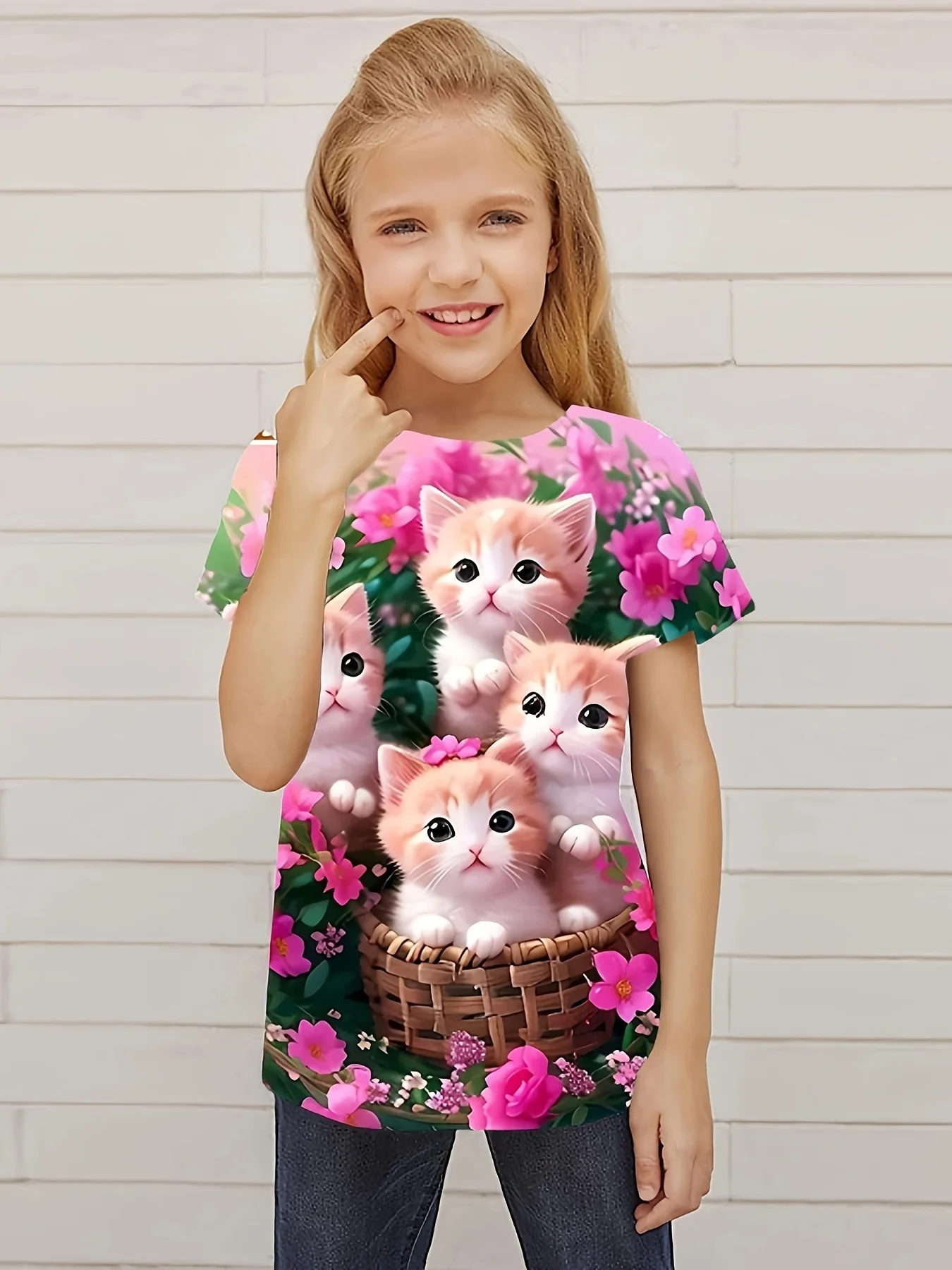 New Children's T-Shirt With Cute Cat Print Pattern Summer Fashion Breathable Short-Sleeved High-Quality Top Birthday gift