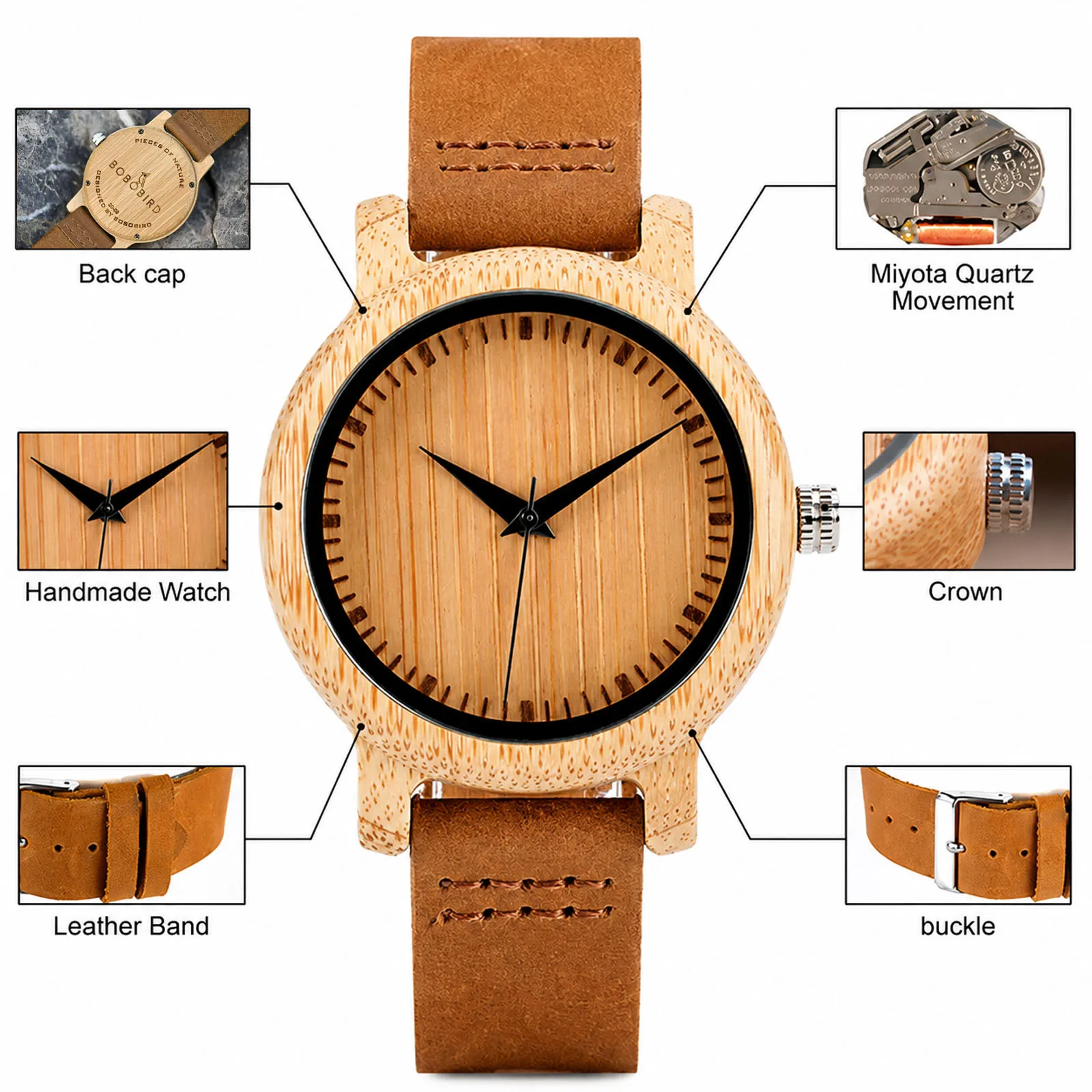 High Quality Watch Bamboo Case Men Women Wristwatch Quartz Movement Fashion Brown Genuine Leather Wristband Couple Gift For her/his