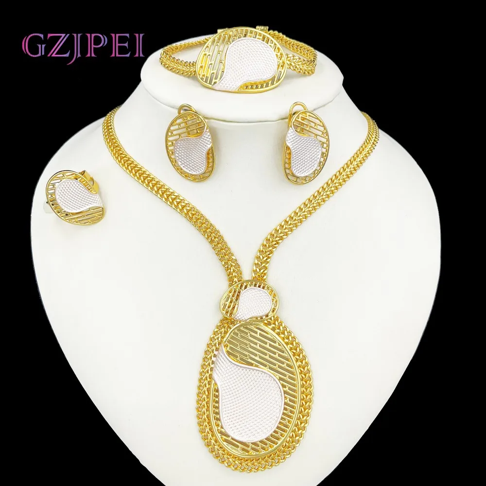 GZJPEI Big Jewelry Set Two Tone Miami Chain Necklace Bracelet Elegant Stud Earring Ring 2025 Trendy Wedding Party Jewellery ﻿