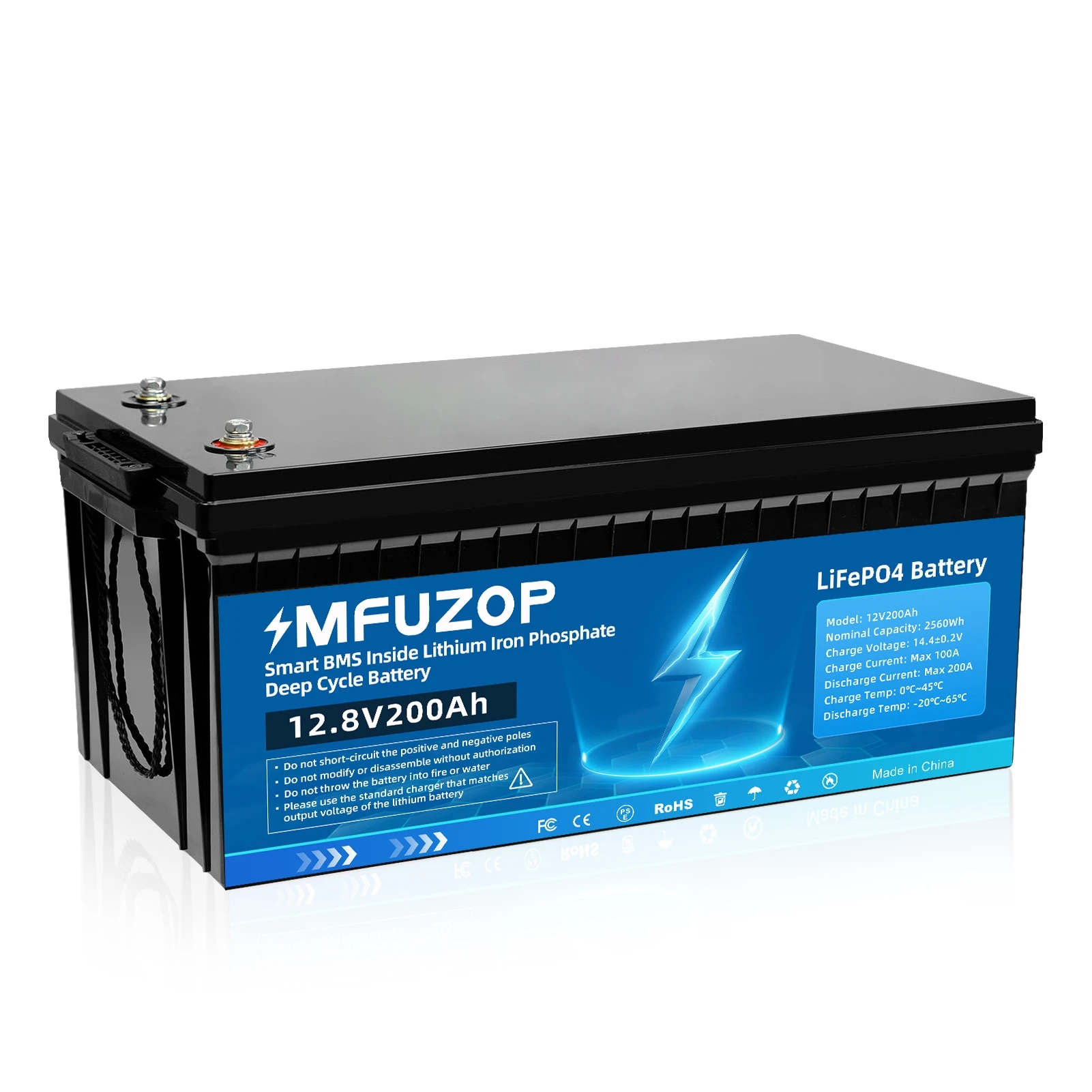 MFUZOP 12V 200Ah LiFePO4 Deep Cycle accu met 200A BMS voor camper, auto, zonne-energiesysteem, huissysteem en doe-het-zelf toepassingen