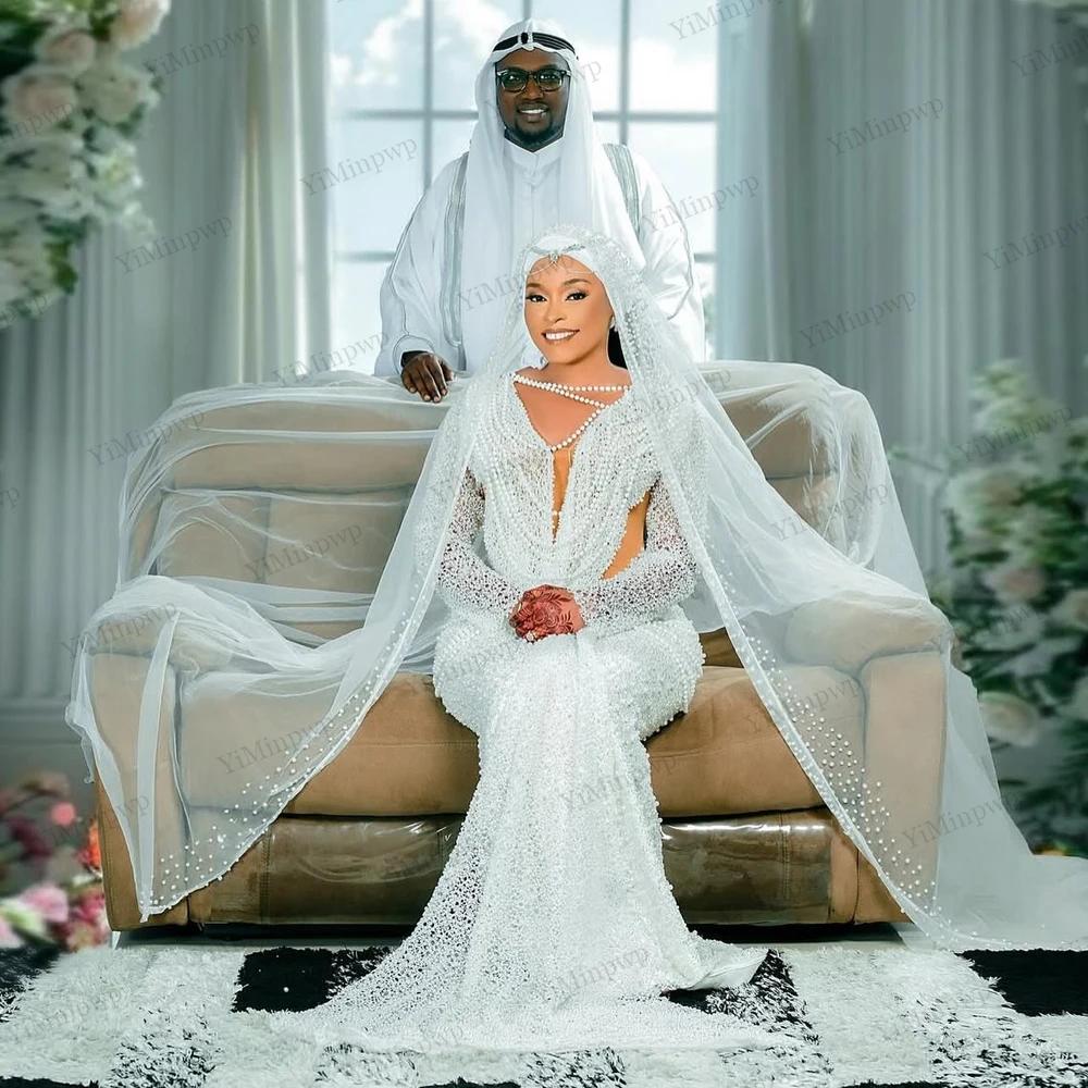 Aso Ebi فستان زفاف دانتيل 2025 فاخر كم طويل لؤلؤ رقبة دائرية مزين بحورية البحر من خلال فساتين العروس سويب تراين مخصص #2