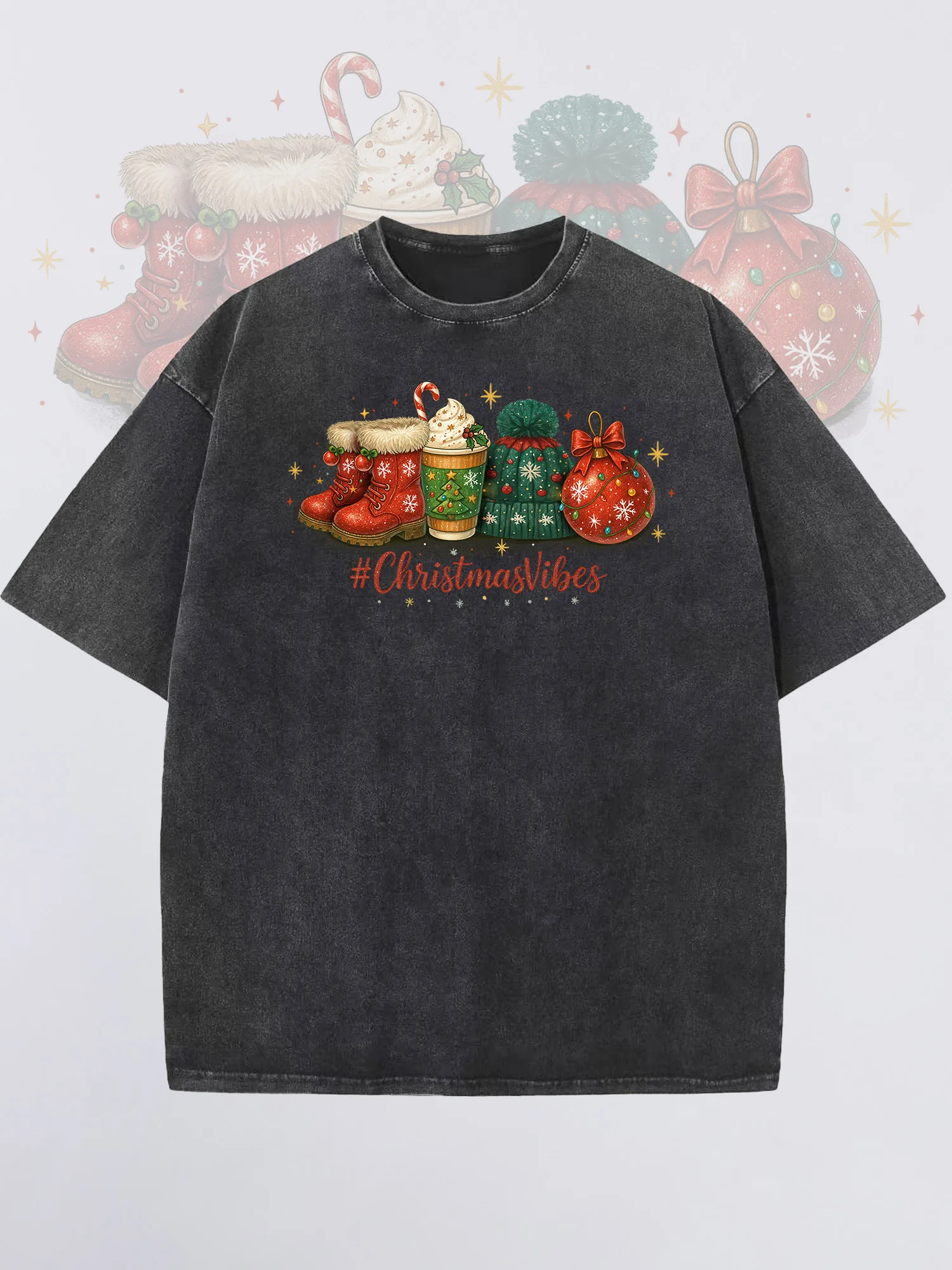 

Men's T-Shirts Christmas Gifts Printed Black Short-Sleeved Round Neck Loose Summer 100% Cotton Acid-Washed Finish Christmas