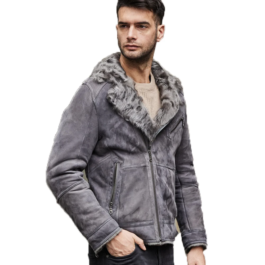 

Denny&Dora Mens Short Shearling Jacket Shearling Grey Jacket Lapel Collar Winter Warm Sheepskin Jacket