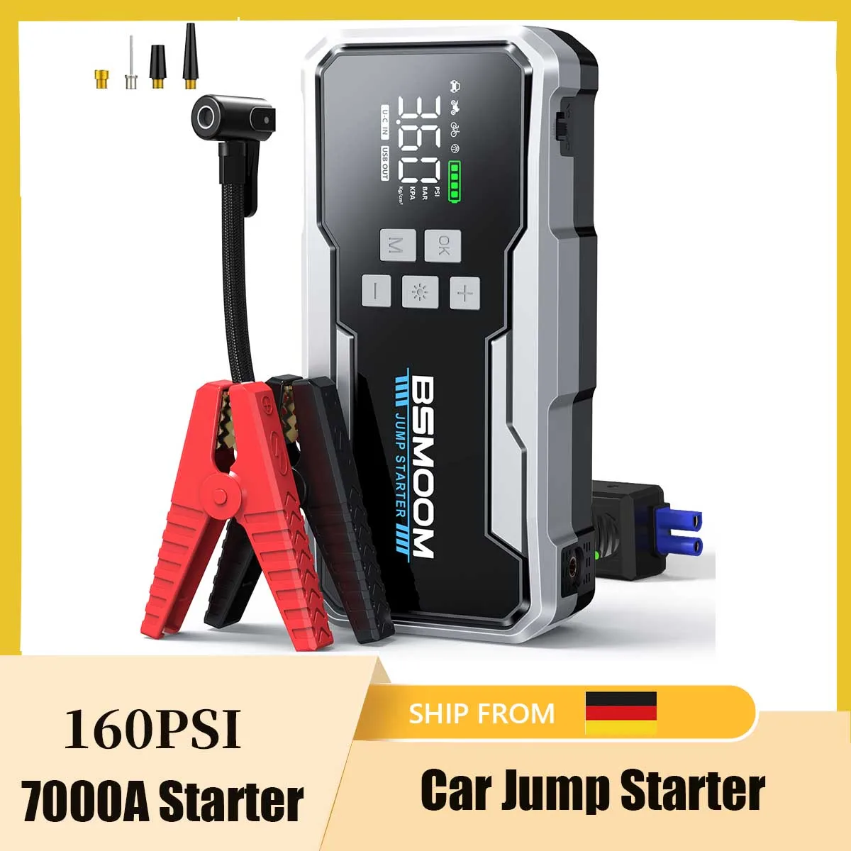 Arrancador de Coches de 1500A con Compresor de Aire, Potenciador de Batería de Auto con Bomba de Aire de 150PSI, Banco de Energía Portátil e Inflador