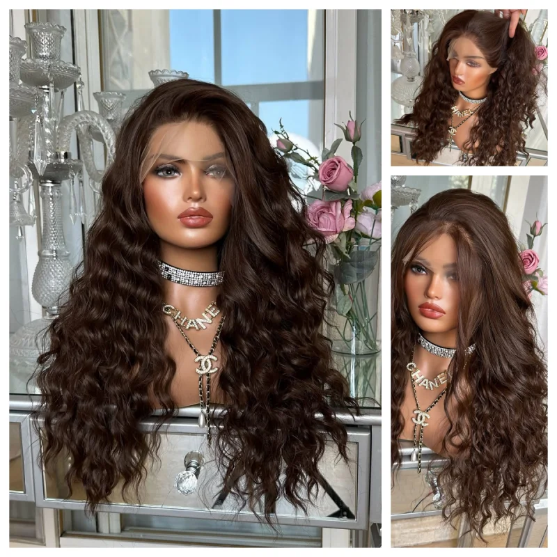 

Парик Lothoey Deep Wave из 100% индийских натуральных волос, цвет темно-каштановый с блондом, 360-градусный кружевной фронтальный парик для чернокожих женщин, с возможностью свободной расчески