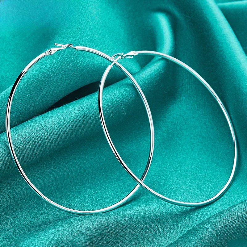 DOTEFFIL 50/60/70/80mm 925 Sterling Silver gładkie okrągłe kółko kolczyki koła dla kobiet moda urok zaręczynowy biżuteria ślubna — zdjęcie 2