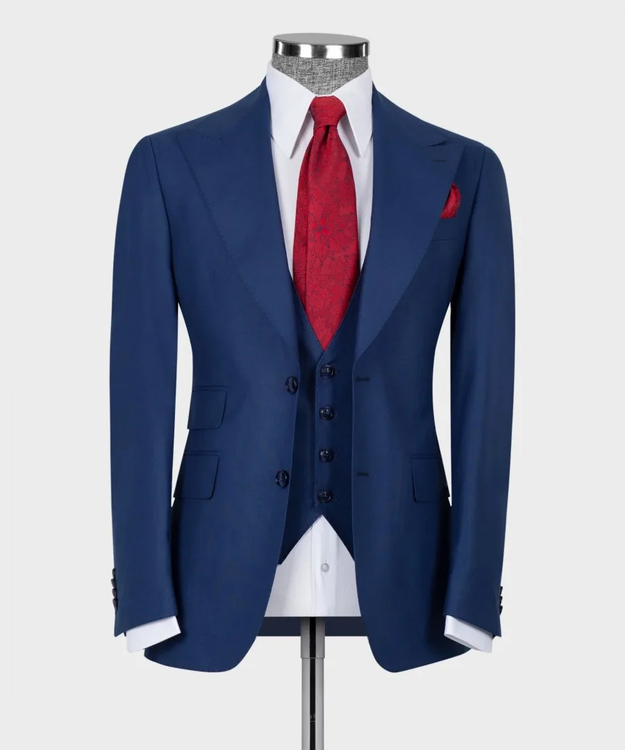 Ternos azuis marinhos clássicos masculinos, roupas de negócios, slim fit, smoking branco do noivo, colete e calças blazer, feitos sob medida, terno masculino de festa de baile, 3 peças