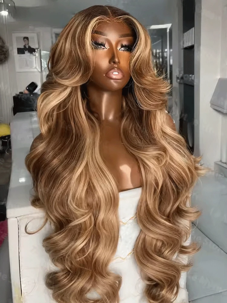 

Honey Blonde Ombre Lace Front Wig Human Hair Highlight Body Wave Lace Front Glueless Wig Human Hair Pre Plucked 4/27 Colored Wig