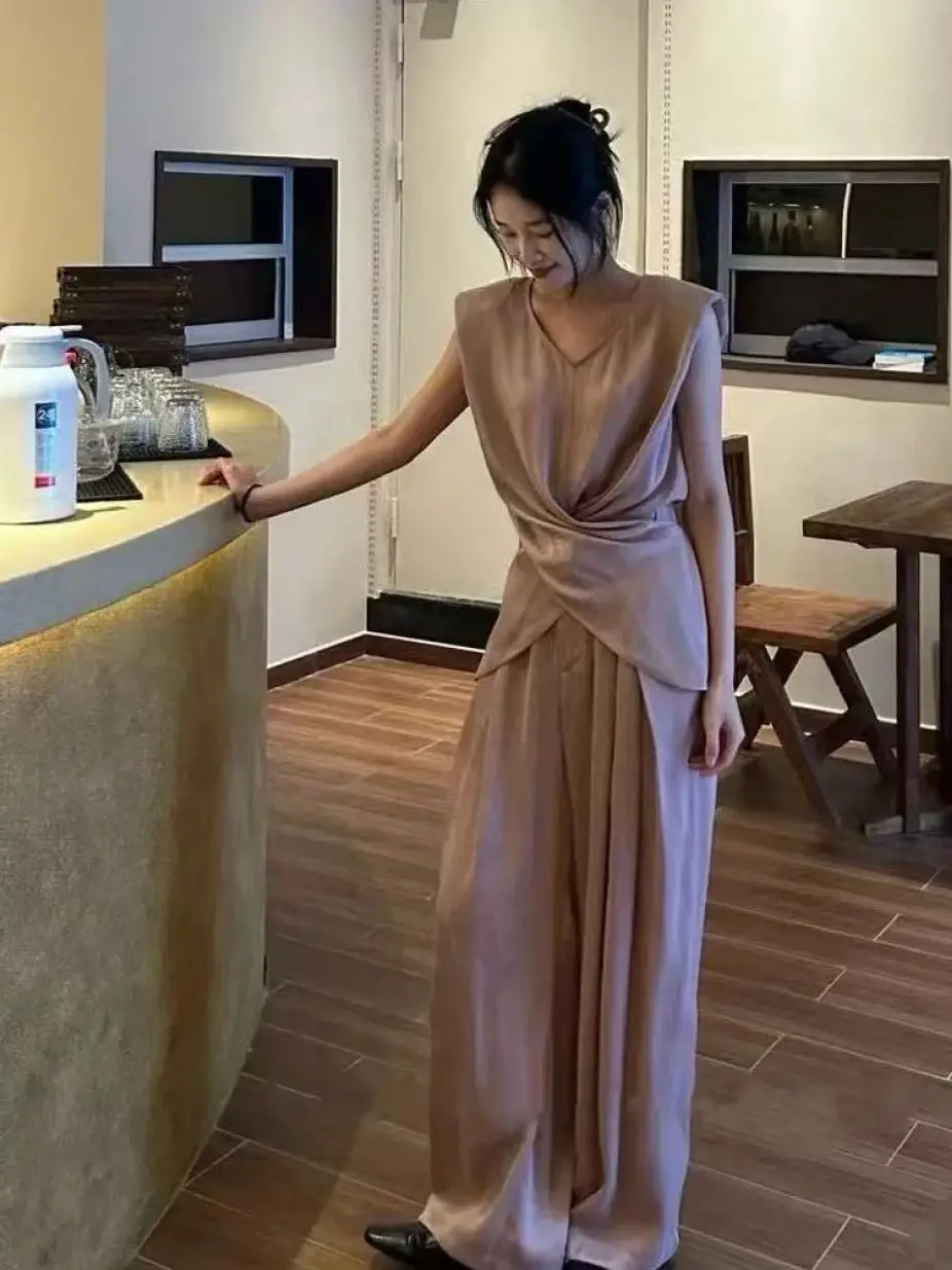 Elegant feminine summer solid color cupro lyocell wide leg pants suit