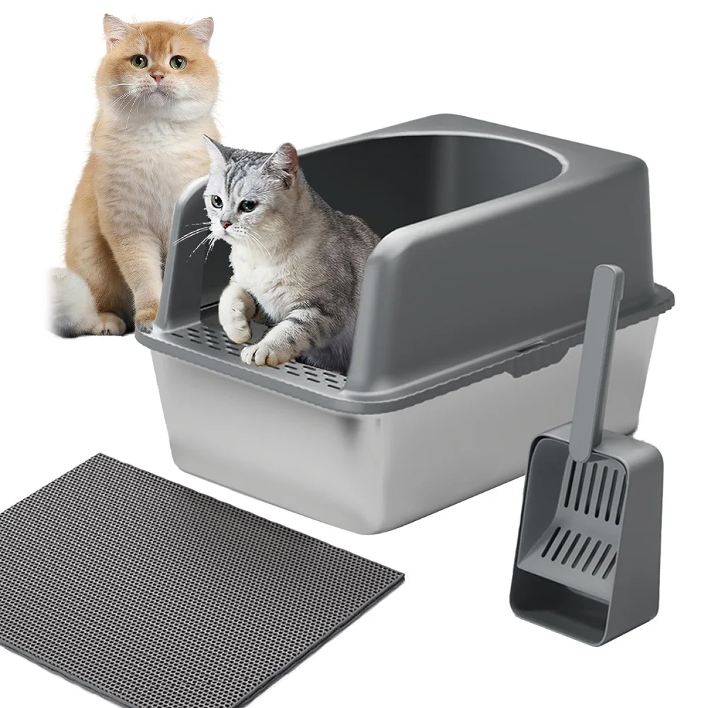 Stainless Steel Litter Box With Litter Mat And Scoop ABS Lid High Side Large Closed Metal Litter Box Suitable For Large Cats byK