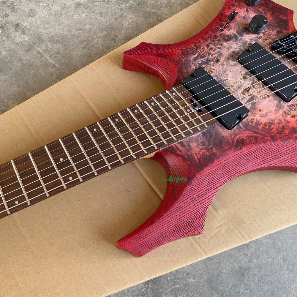 7 String Headless Electric Guitar Red Burl Fanned Frets Active Pickups 9 Piece Roasted Maple Neck Stainless Steel Frets Guitarra