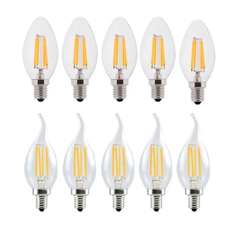 10PCS E14 LED Bulb Filament Candle Lamp C35 C35L 2W 4W 6W 110V 220V Dim Edison Retro Antique Vintage Style Warm White Chandelier