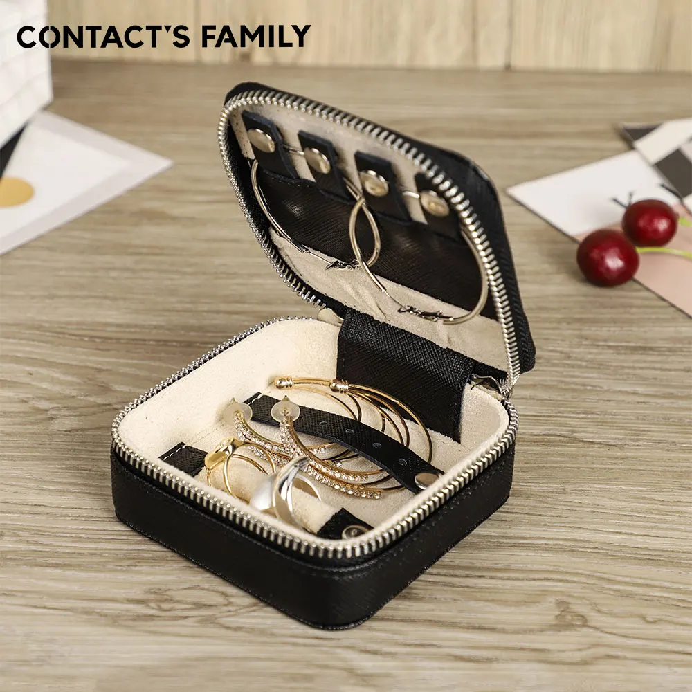 CONTACTS FAMILY Genuine Leather Portable Jewelry Display Organizer Box Girl Gift Storage Case for Rings Earrings Bracelet Zipper