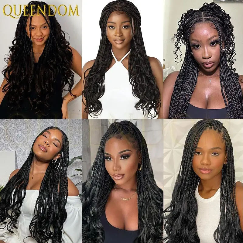 24 بوصة الاصطناعية كامل الدانتيل جديلة شعر مستعار آلهة كورنو صندوق الضفائر شعر مستعار مع أطراف مجعد أومبير شقراء Knotless شعر مستعار مضفر