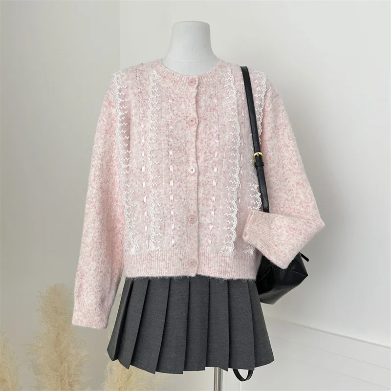 

Женское кружево, сращенное ​ Розовый свитер 2025 Y2k, зимний корейский модный элегантный вязаный кардиган с длинными рукавами, шикарный новый модный топ