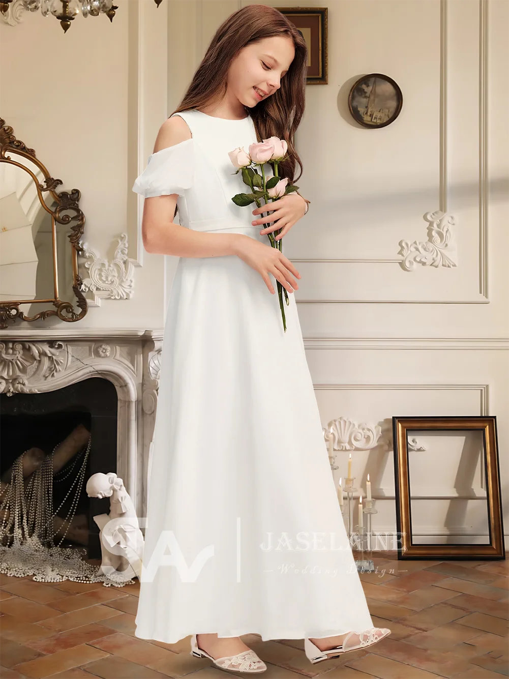 Elegant A-Line Scoop Floor-Length Chiffon Junior Bridesmaid Dress With Bow Flower Girl Dress Girls Wedding Party Formal Special