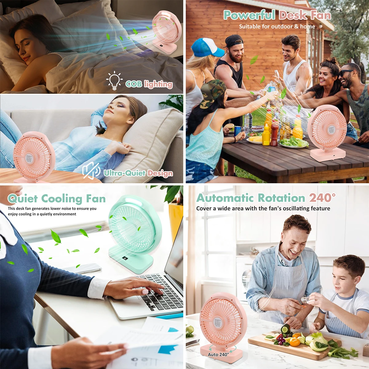 Kipas lampu Pink, lampu pencahayaan rotasi 240 ° USB portabel 4 mode kipas listrik musim panas malam anak-anak kerja rumah kamar tidur membaca Desktop