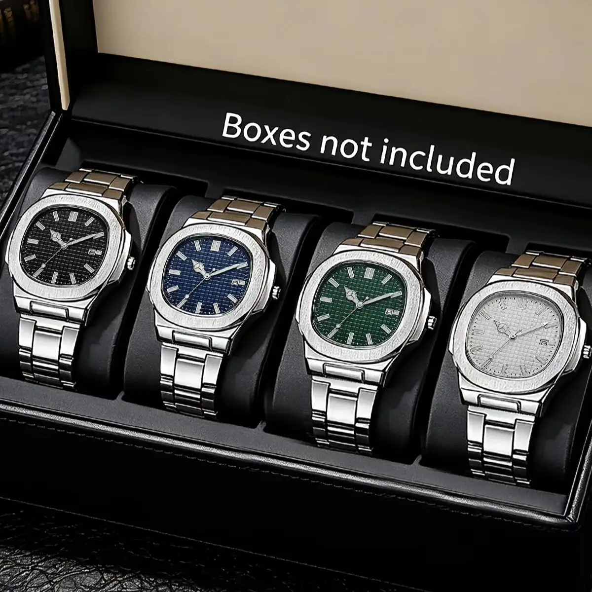 4-Piece Set, Men's Stainless Steel Square Dial Quartz Watch Set, Black Dial + Blue Dial + Green Dial + White Dial, Stylish and Business-Friendly, an Excellent Accessory for Travel and Business Trips, Suitable as a Gift.