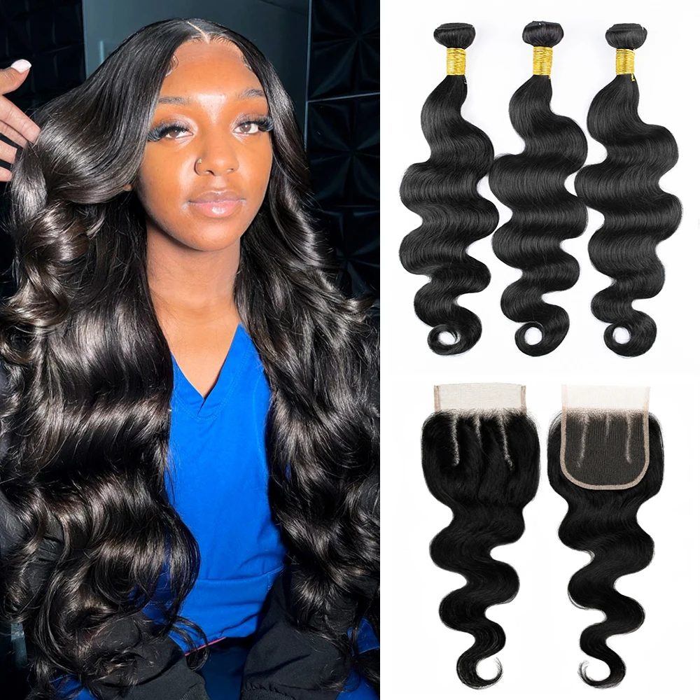 Body Wave 100% Echthaar-Bündel mit Verschluss, unverarbeitetes brasilianisches Haar, 3 Bündel mit 4x4 Free Part Lace Verschluss für Frauen, Remy-Qualität