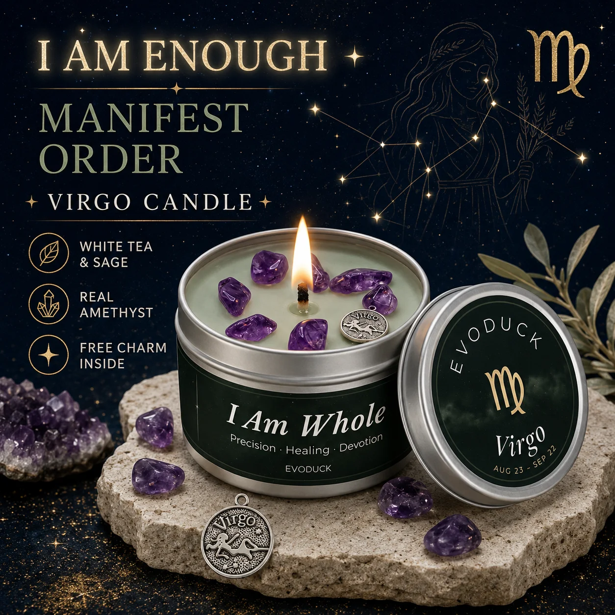 Virgo Zodiac Scented Candle, White Tea & Sage, Constellation Aromatherapy Candle in Tin, Home Fragrance Decor Birthday Gift, 3oz