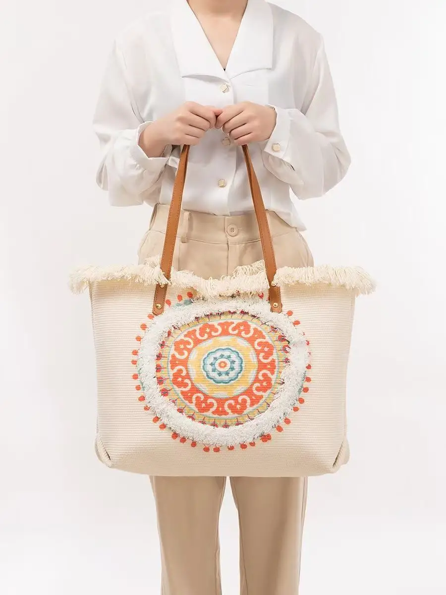 Bolso de mano de rafia con parche de Mandala colorido, asas de cuero marrón y bolso de playa con flecos y borlas, bolso de hombro bohemio de verano para mujer