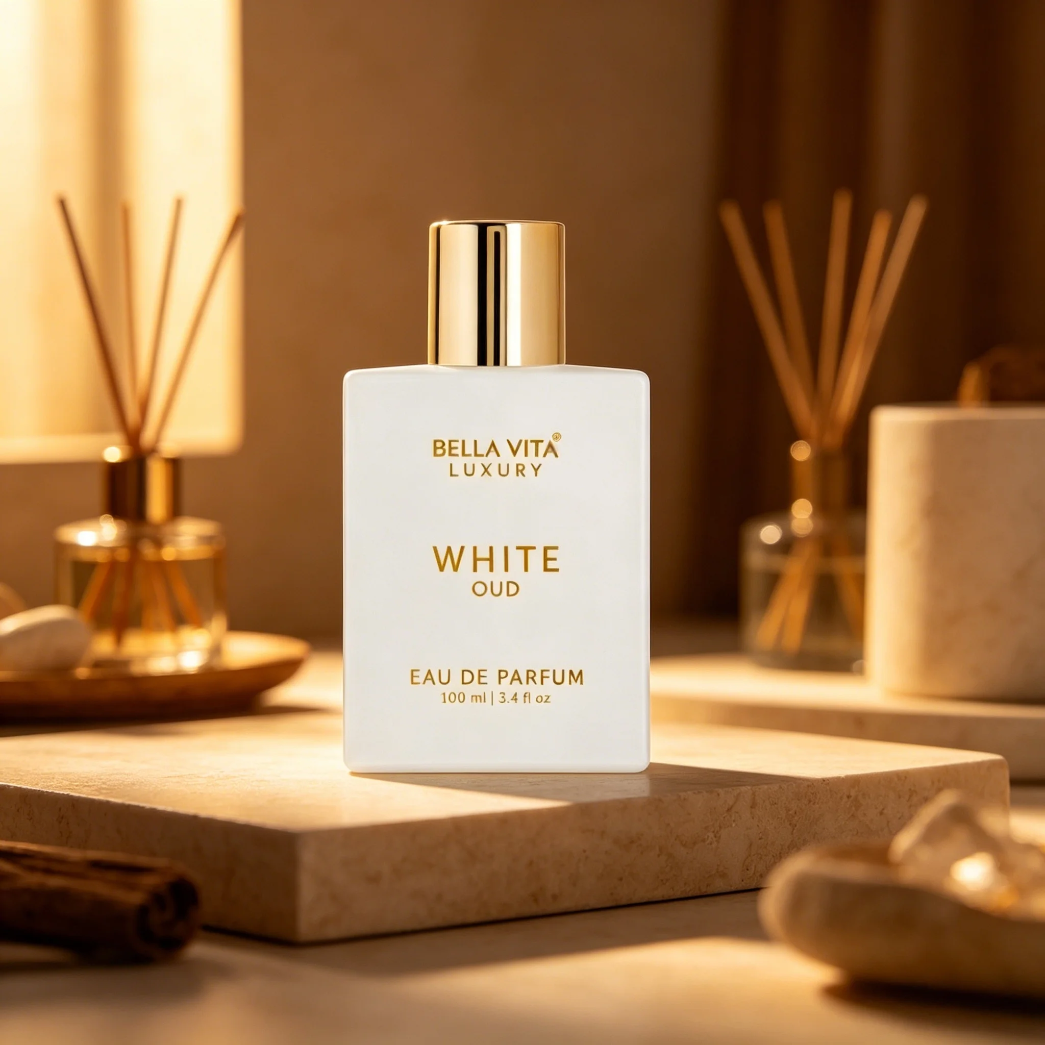 

Bella Vita Luxury White Oud Unisex Eau de Parfum Elegant Clean Woody Agarwood Scent Matte White Square Bottle Long Lasting Minimalist Perfume Ideal Holiday Gift for Men and Women