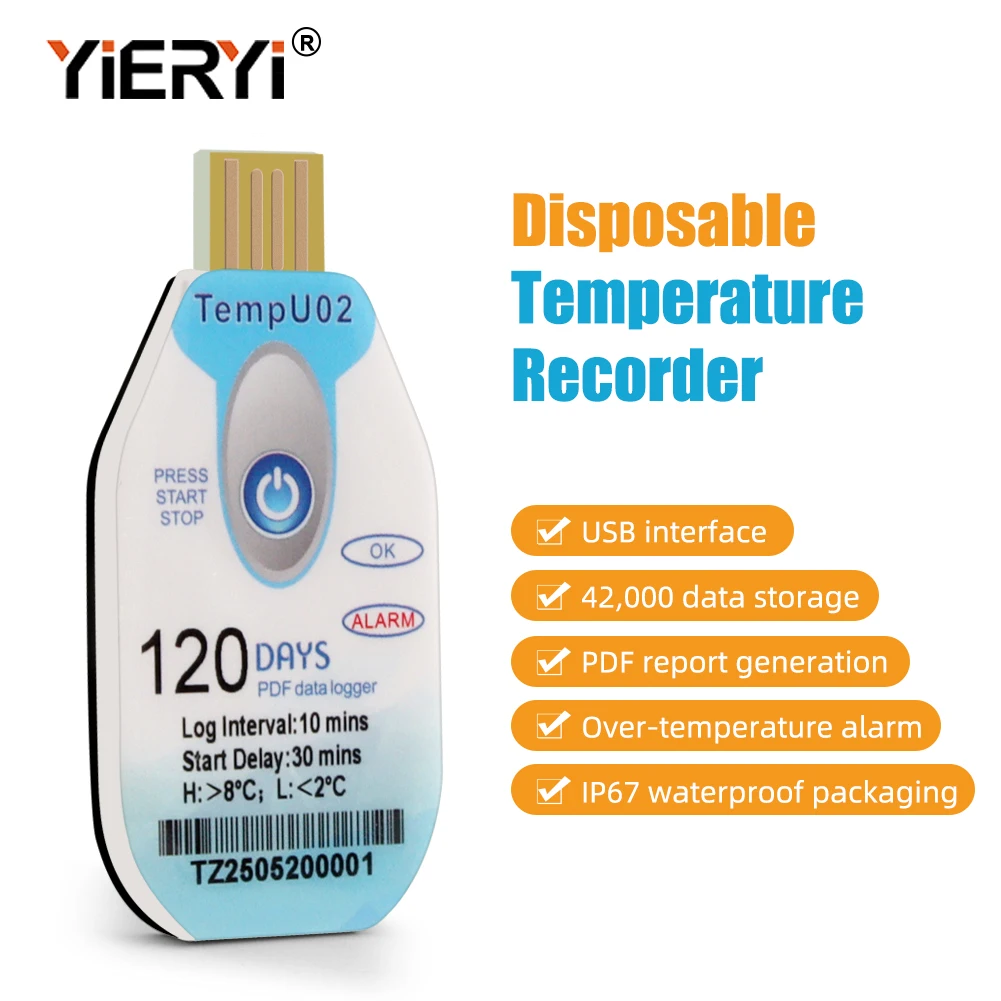 

Yieryi USB Disposable Temperature Data Logger 120/180 Days Recording PDF Report Over Temperature Alarm Cold Chain Monitoring