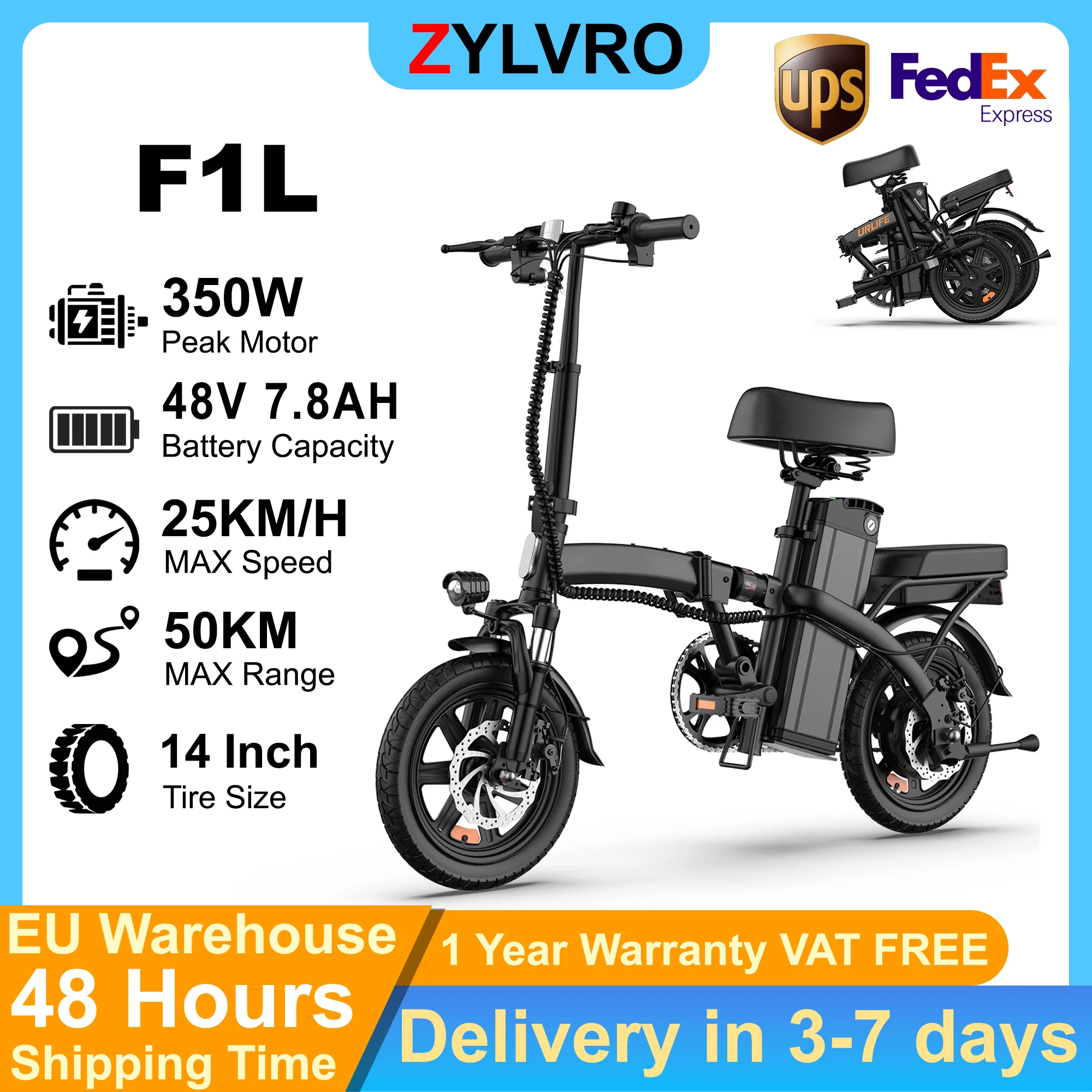 ZYLVRO F1L E-Bike, faltbar, 14-Zoll-Reifen, 48V 7,5Ah herausnehmbarer Akku, bis zu 50 km Reichweite, 500W Motor, 3 Modi
