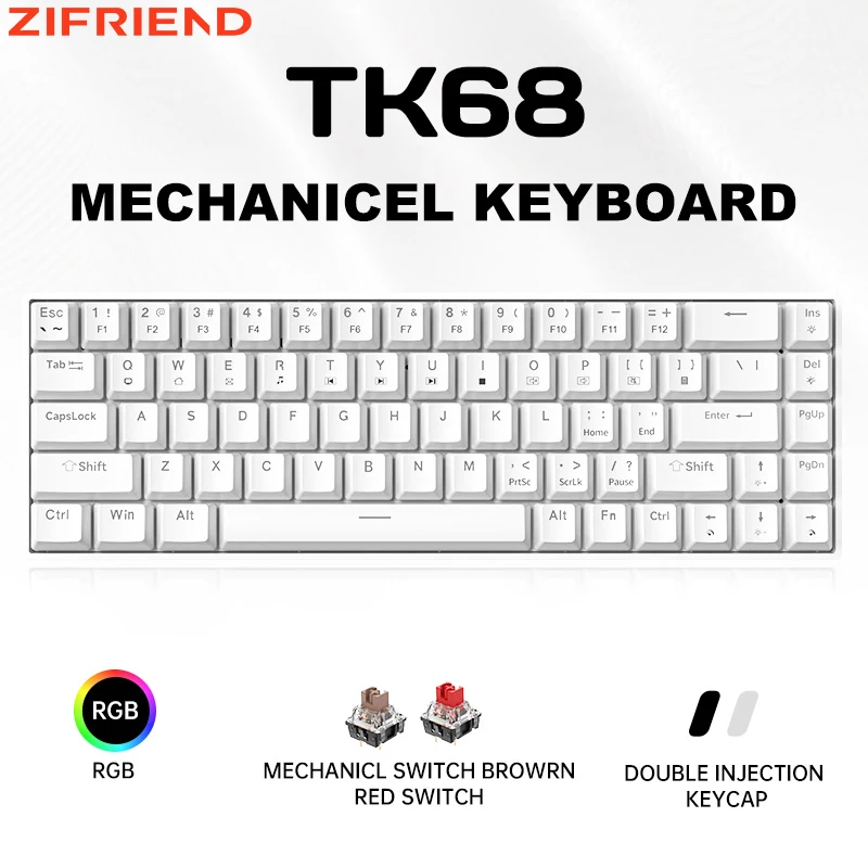 ZIFRIEND TK68 Mechanical Keyboard 68 Keys Hot Swappable Wired Real RGB Red Blue Brown Switch 65% Gaming Keyboard Black White