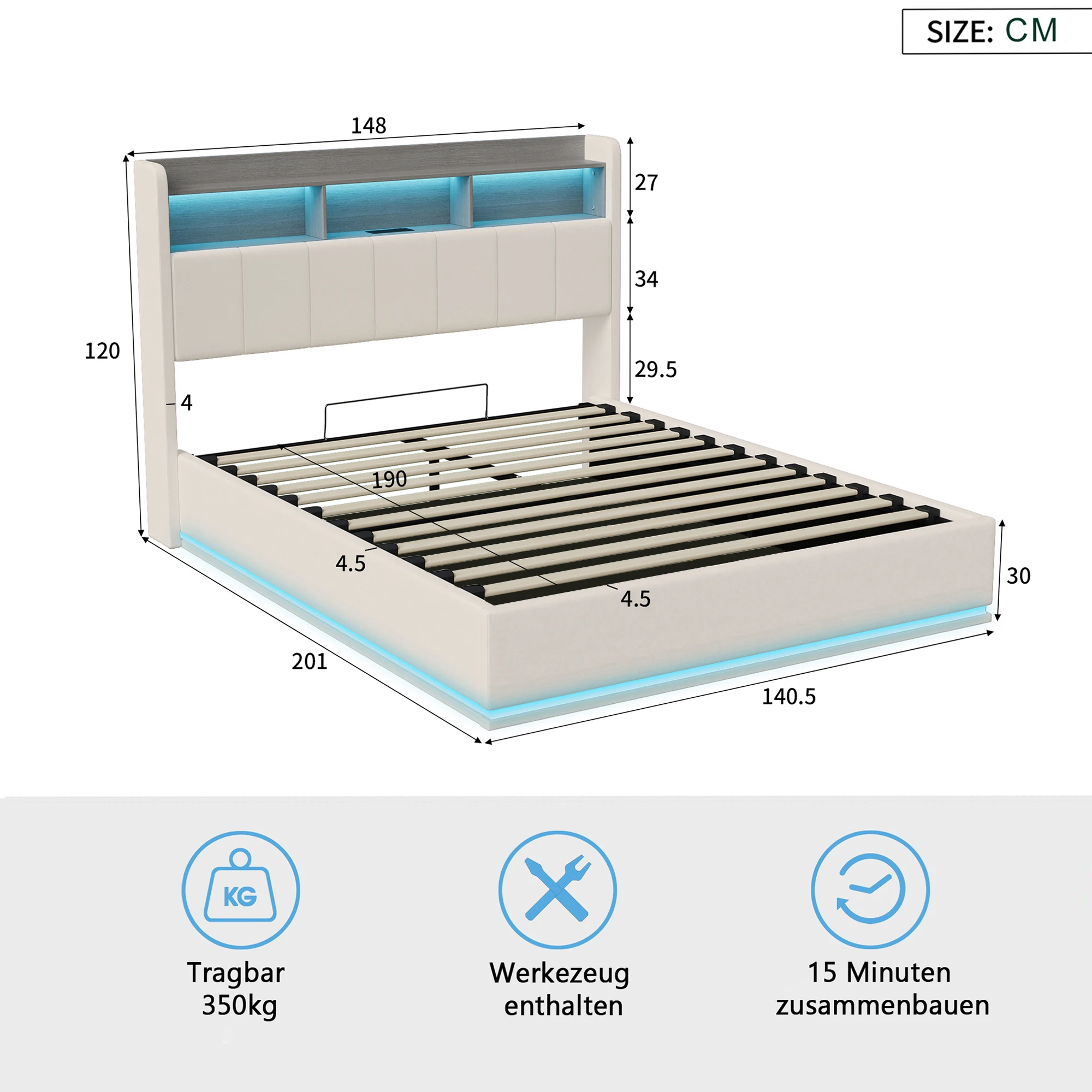 MINGZHE tweepersoonsbed 90/140/160x200 cm/140x190cm met LED USB, metalen structuur, fluweel, matras niet inbegrepen