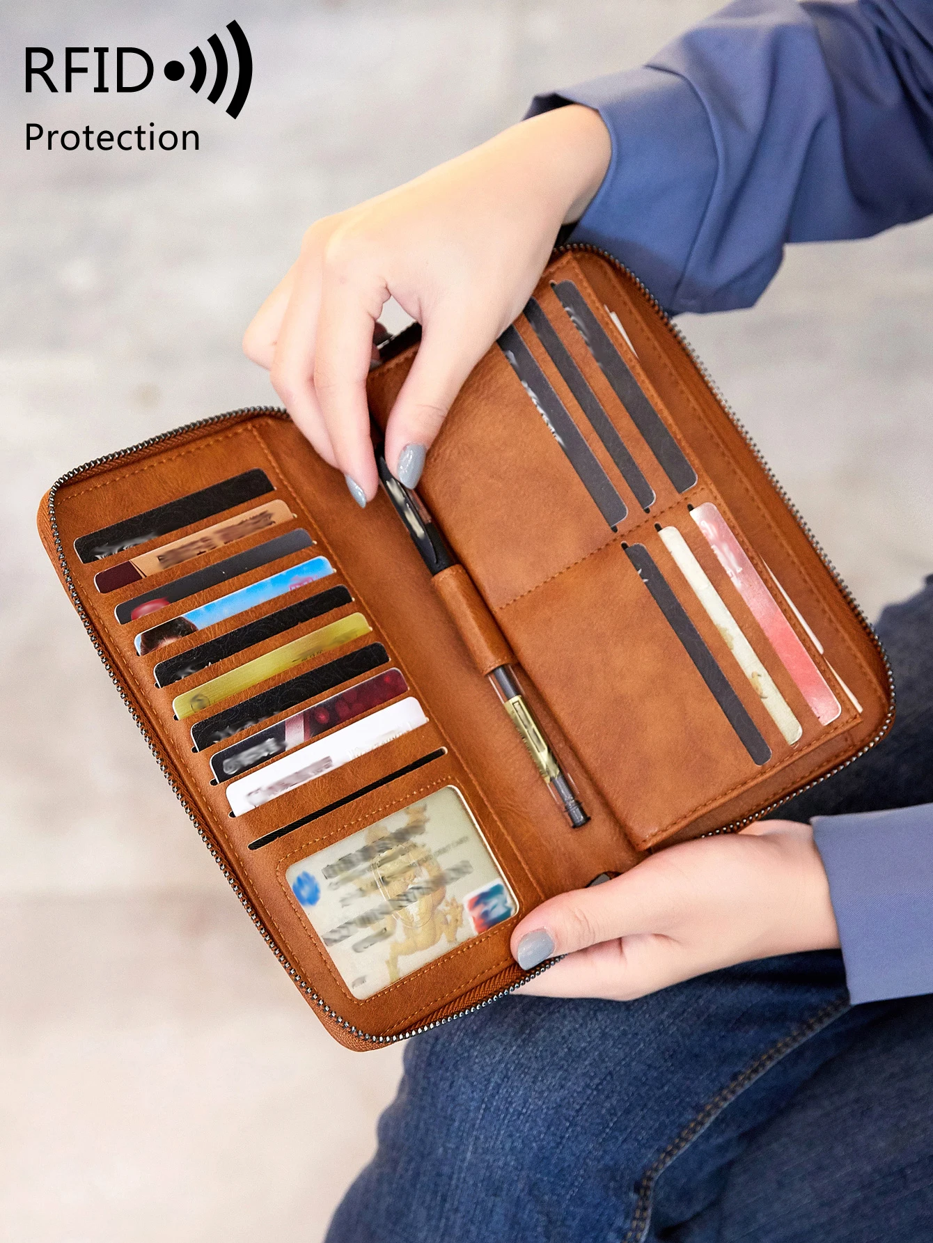

Стильный женский кошелек из кожи с RFID-защитой, на молнии, деловой, вместительный, портативный, длинный кошелек-клатч для кредитных карт.