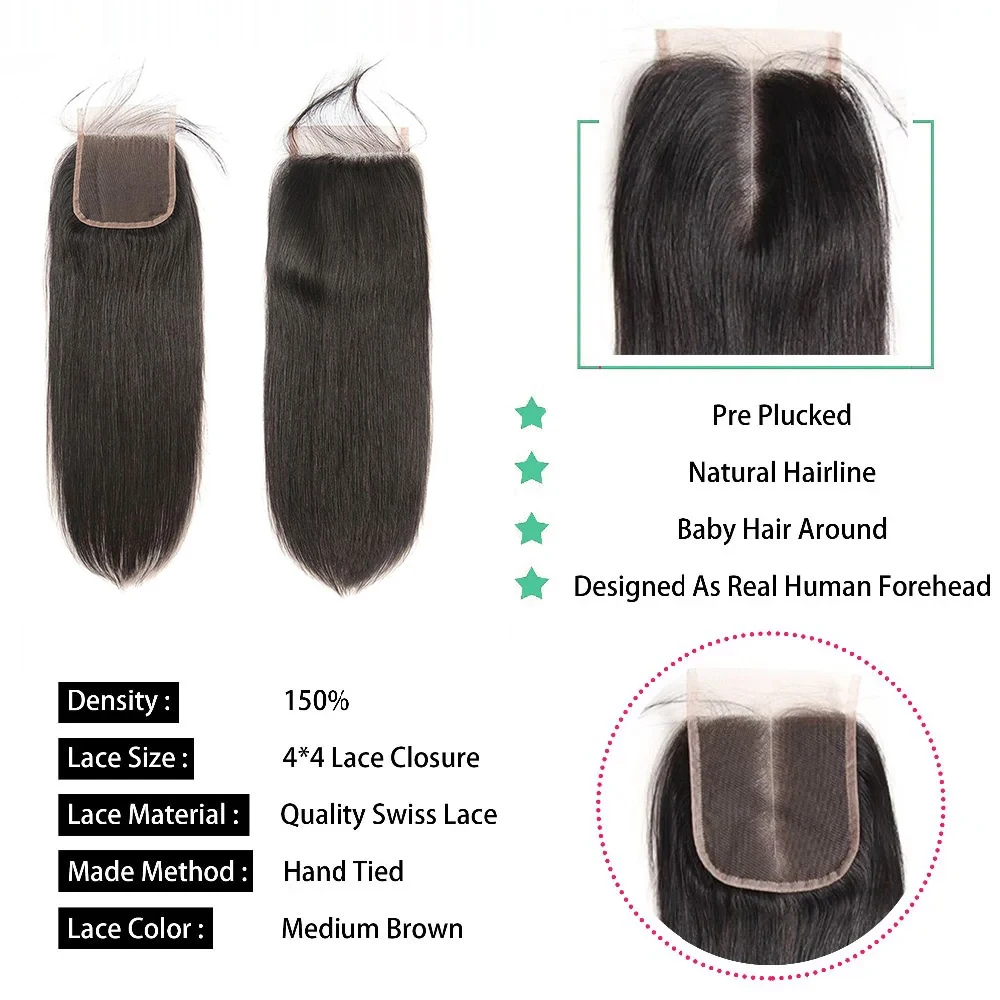 Human Hair Bundles Bone Straight With 4x4 Lace Closure For Women Free Middle Part Double Drawn Human Hair Weaving Natural Black