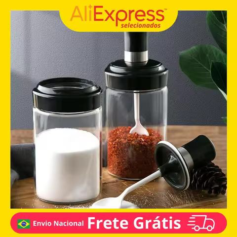 Porta Temperos Vidro Com Colher Açúcar Sal Pimenta Condimentos Orégano Recipiente Cozinha Armazenamento Tampa Não Fecha Plástica