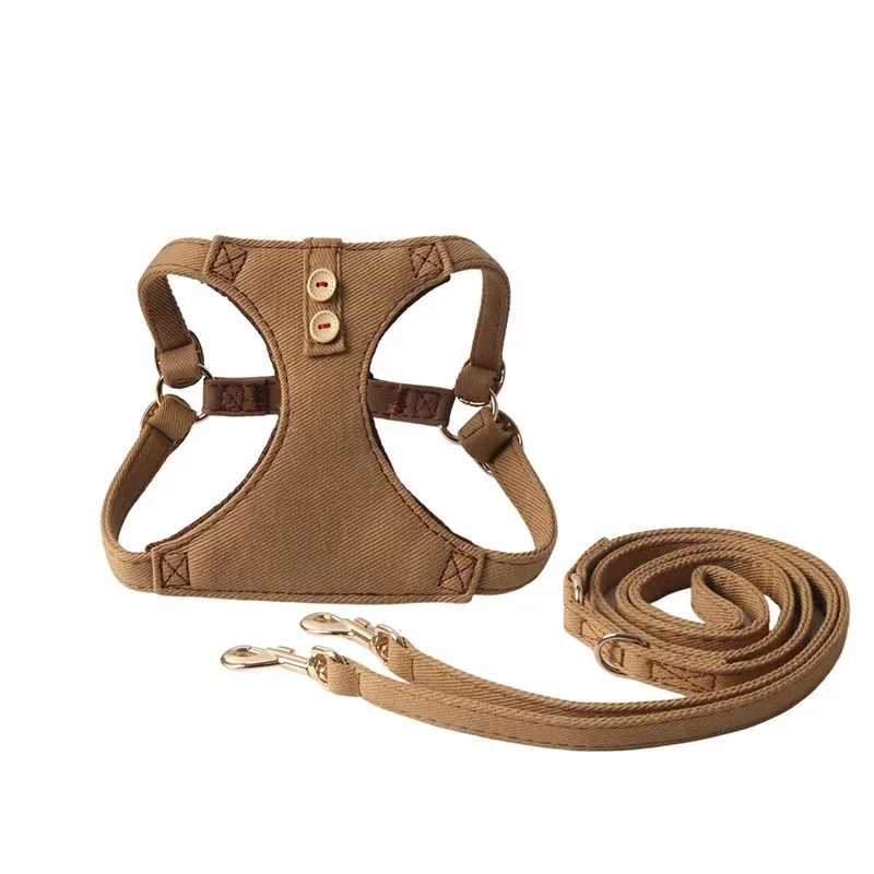 Ensemble harnais et laisse pour chien en coton et denim pour animaux de compagnie – Harnais de poitrine respirant et réglable avec boutons-pression décoratifs pour petites races