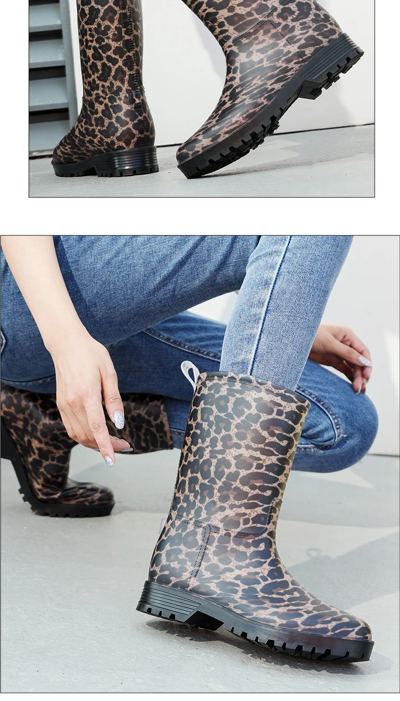 Damen-Regenstiefel mit Leopardenmuster, die bis zur Mitte der Wade reichen und rutschfest sind, einteilige, wasserdichte Gummistiefel aus PVC für den Außenbereich, Wasserschuhe zum Angeln, Regenstiefel für Gartenarbeiten, Wasserschuhe für den Garten. – Detail 13