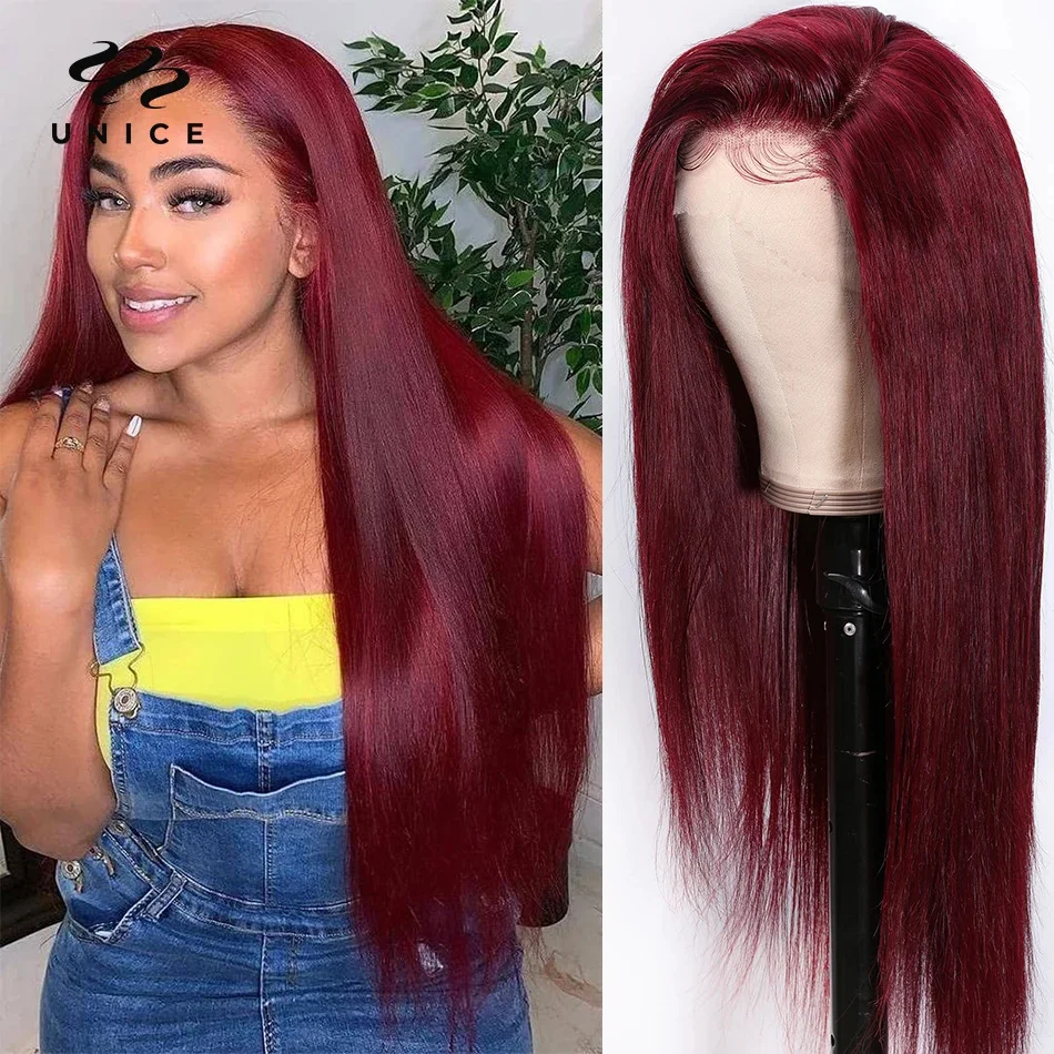 UNICE 99J Burgundy Color Straight Hair 13x4 Lace Frontal Wig 100% Human Hair Lace Front Wigs 150% Density