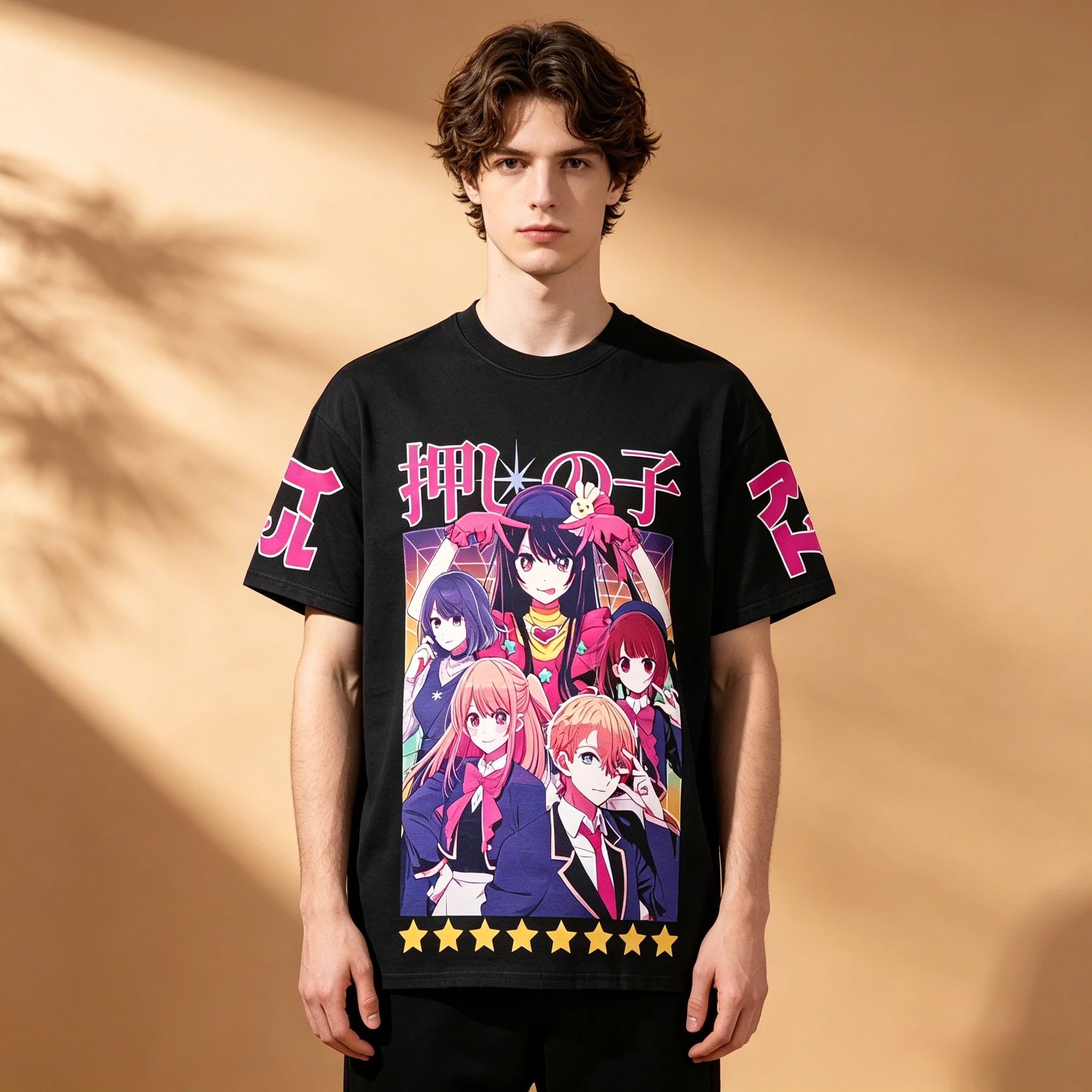 Herren-T-Shirt mit Oshi No Ko Anime-Motiv, Alle Charaktere, Japanischer Text auf dem Ärmel, Rundhalsausschnitt, Schwarz, Vintage Streetwear Kurzarm-Grafik