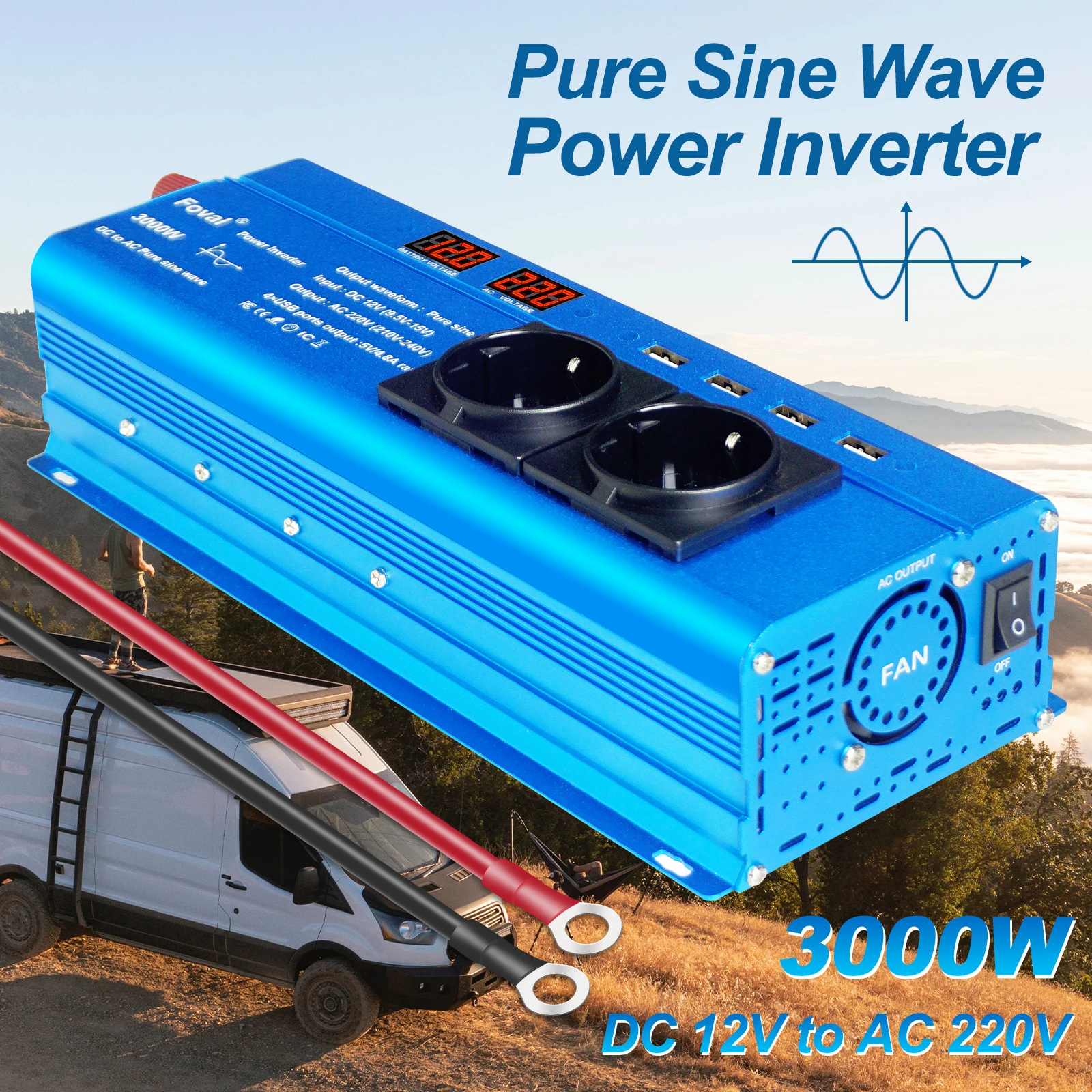 Pure Sine Wave DC 12V TO AC 220V/230V 3000W With 3.1A USB Dual LCD Display Universal/EU Socket Solar Power Inverter