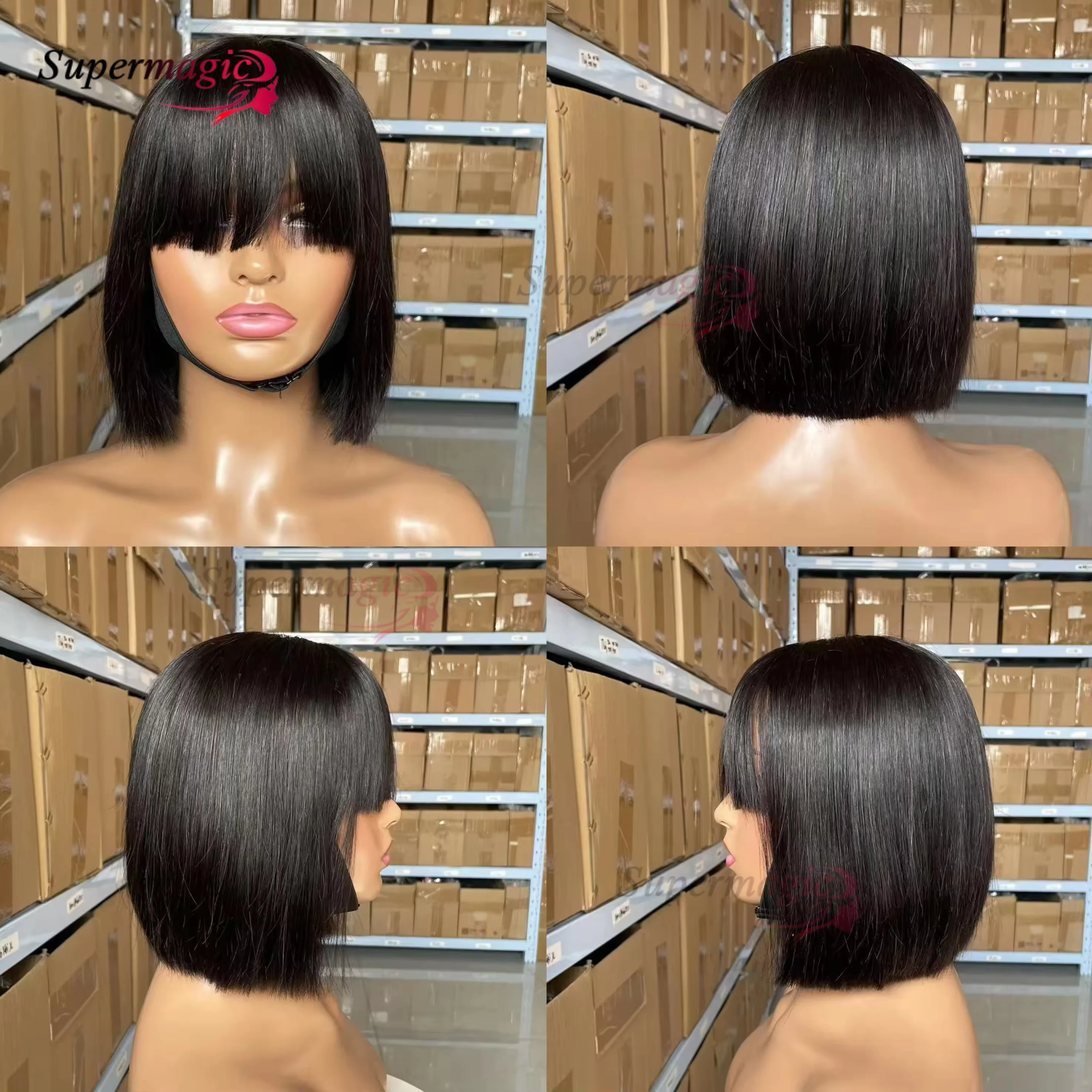 من السهل وضع والذهاب بوب شعر مستعار قصير مستقيم شعر الإنسان بوب الباروكات مع الانفجارات البرازيلي ريمي شعر مستعار للنساء براون جزء سهل الدانتيل بوب شعر مستعار