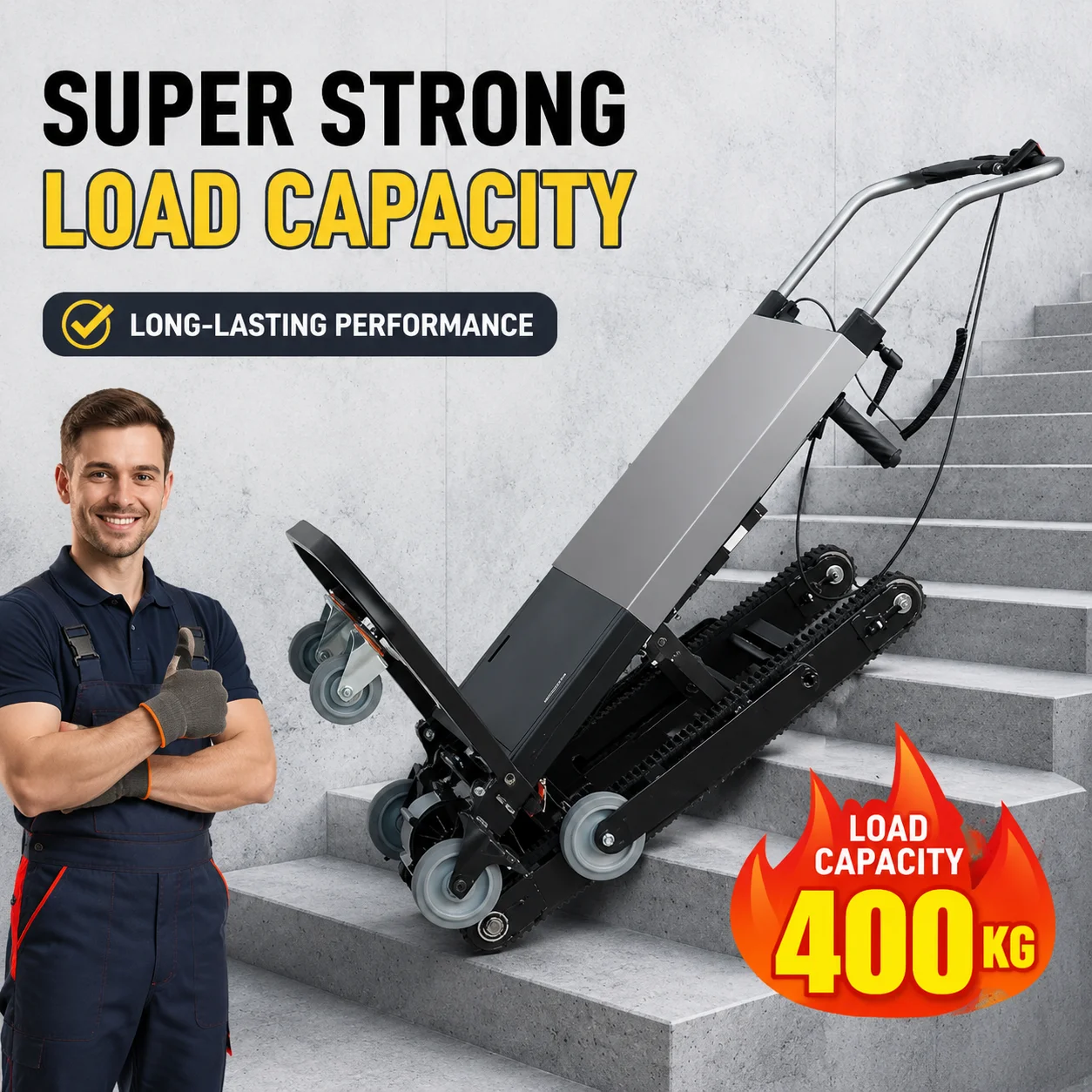 Chariot électrique tout-terrain pour escaliers, capacité 400 kg, chariot professionnel pour le déplacement de réfrigérateurs et de matériaux de construction