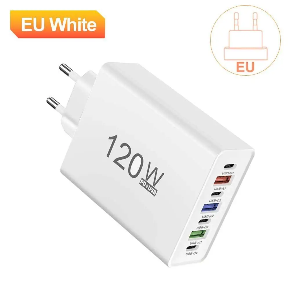 Weißes 120W-Schnellladegerät, weißer Handy-Ladestecker, USB-C-Schnellladegerät.