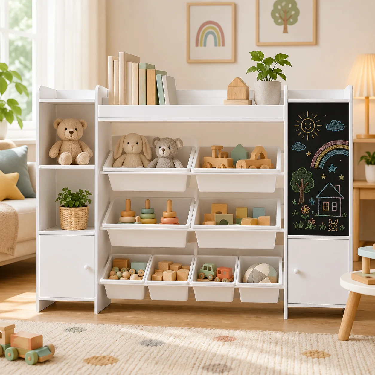 Meuble de Rangement pour Jouets avec 8 Bacs Amovibles, 4 Niveaux Bibliothèque pour Enfants avec 2 Portes et Tableau Noir, Meuble de Rangement en Bois pour Chambre, Salle de Jeux, Chambre D'enfant, Salon