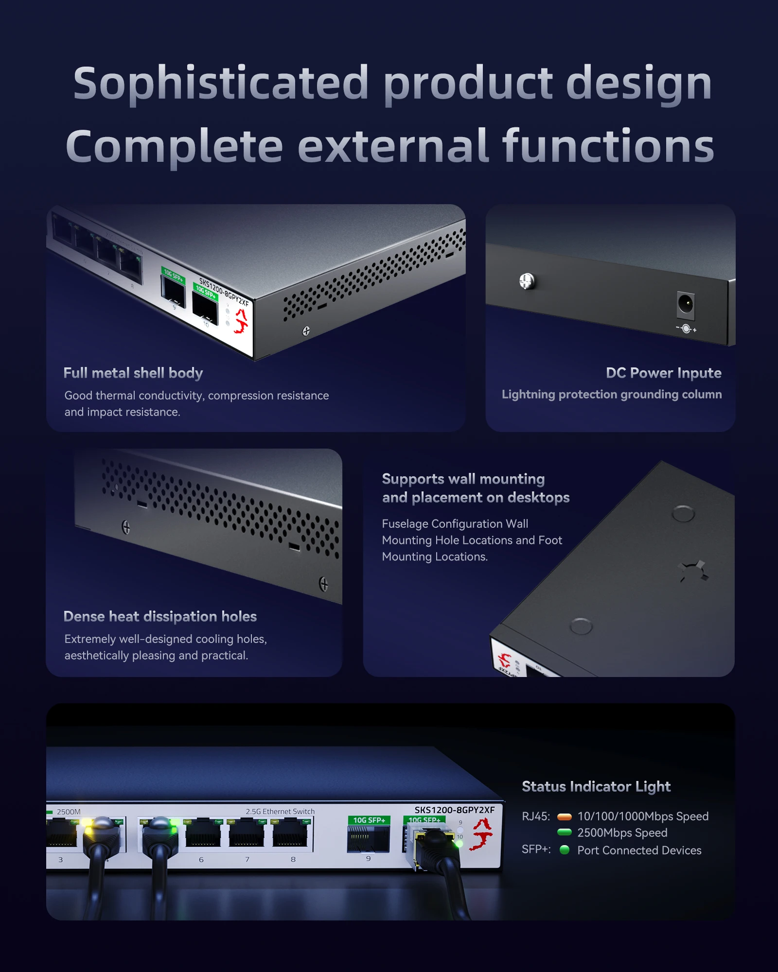 XikeStor 2.5G Niezarządzany przełącznik 8*2.5G RJ45 2*10G SFP+ 2.5G/10G szybka transmisja LAN Plug and play