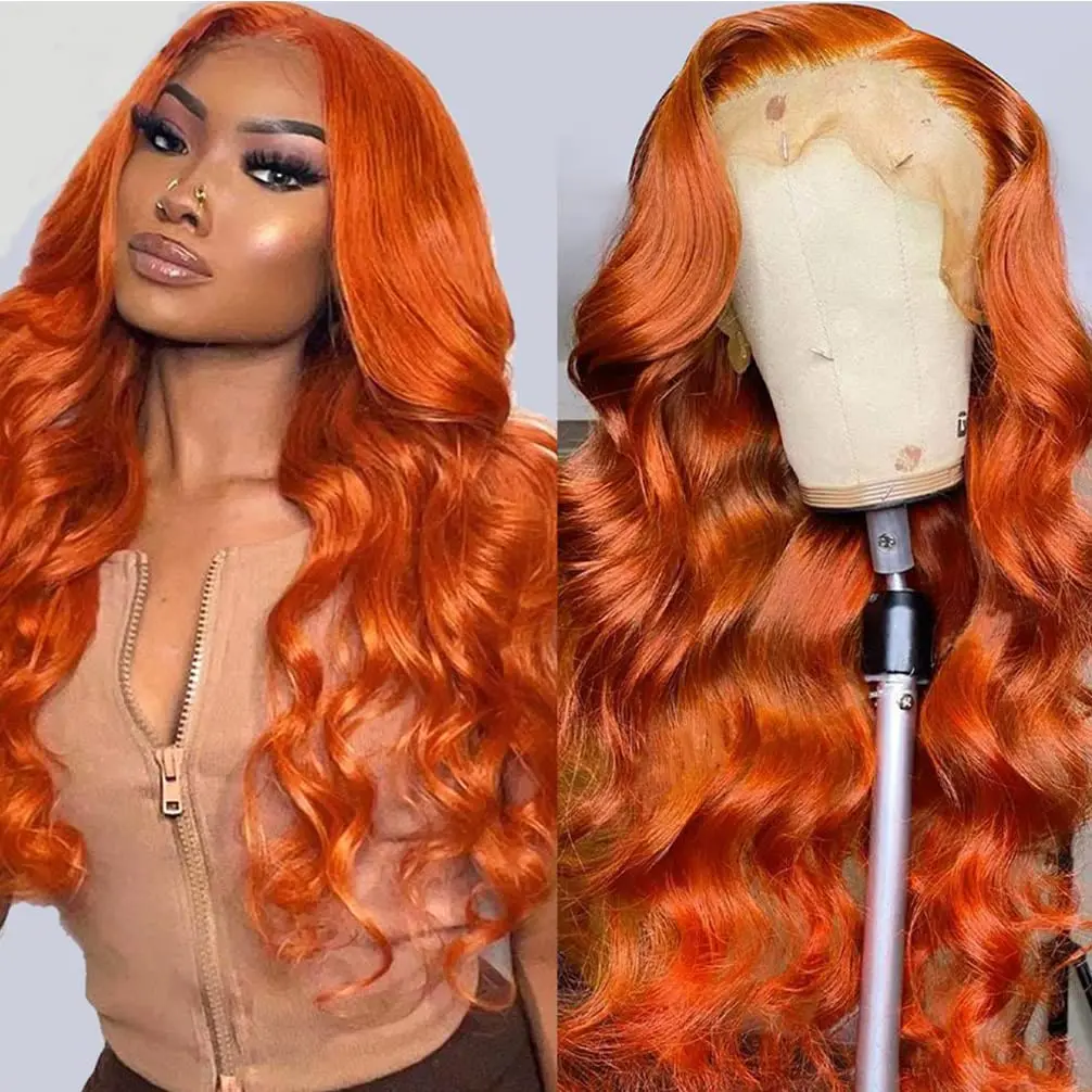 30 Inch 13x4 Orange Ginger Lace Front Wigs Pre Plucked Body Wave Wig for Black Women Invisible HD  Human Hair 180% Density