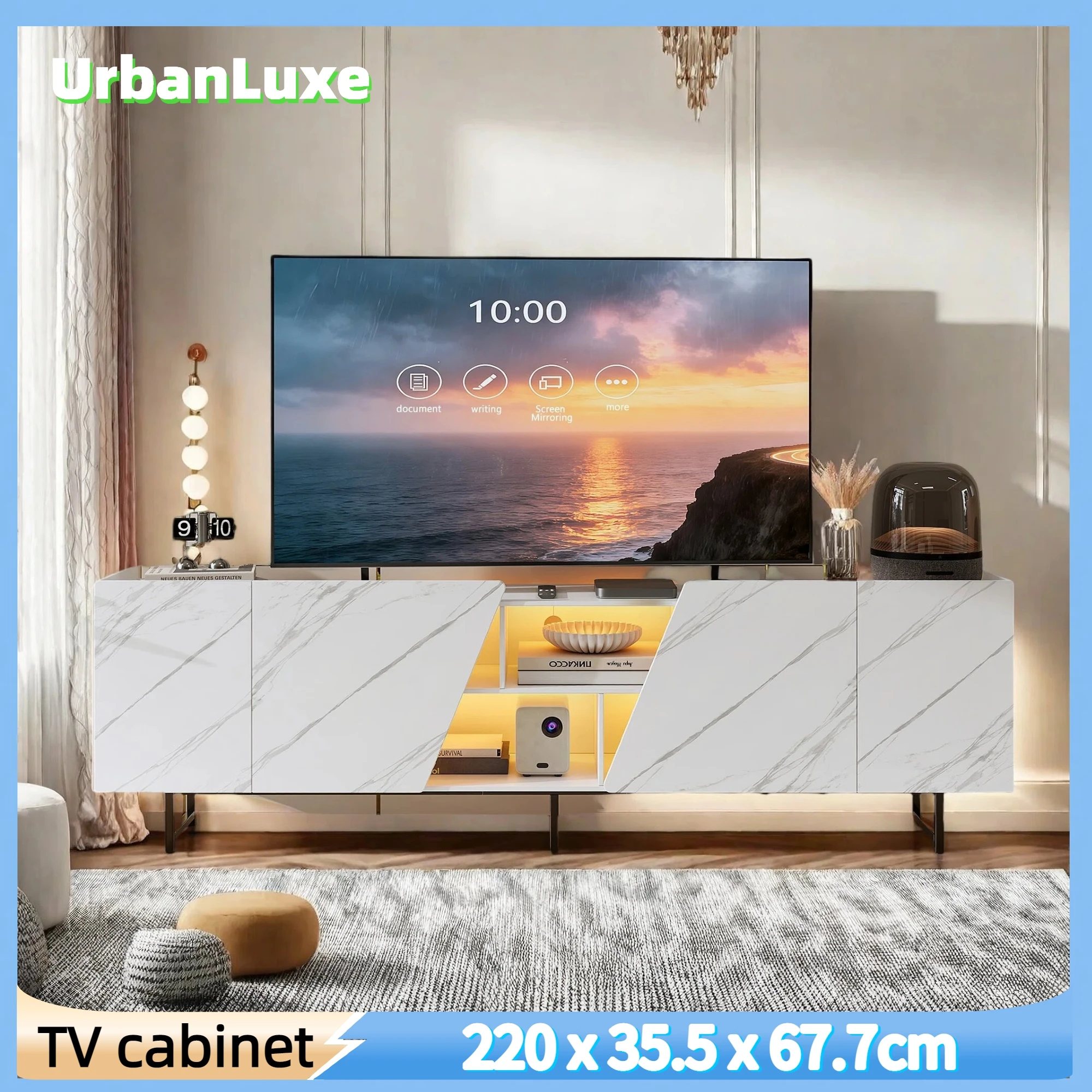 Meuble TV, 220 cm, avec éclairage, texture faux marbre, structure en métal, grand espace de rangement, table de salon, table d'appoint.