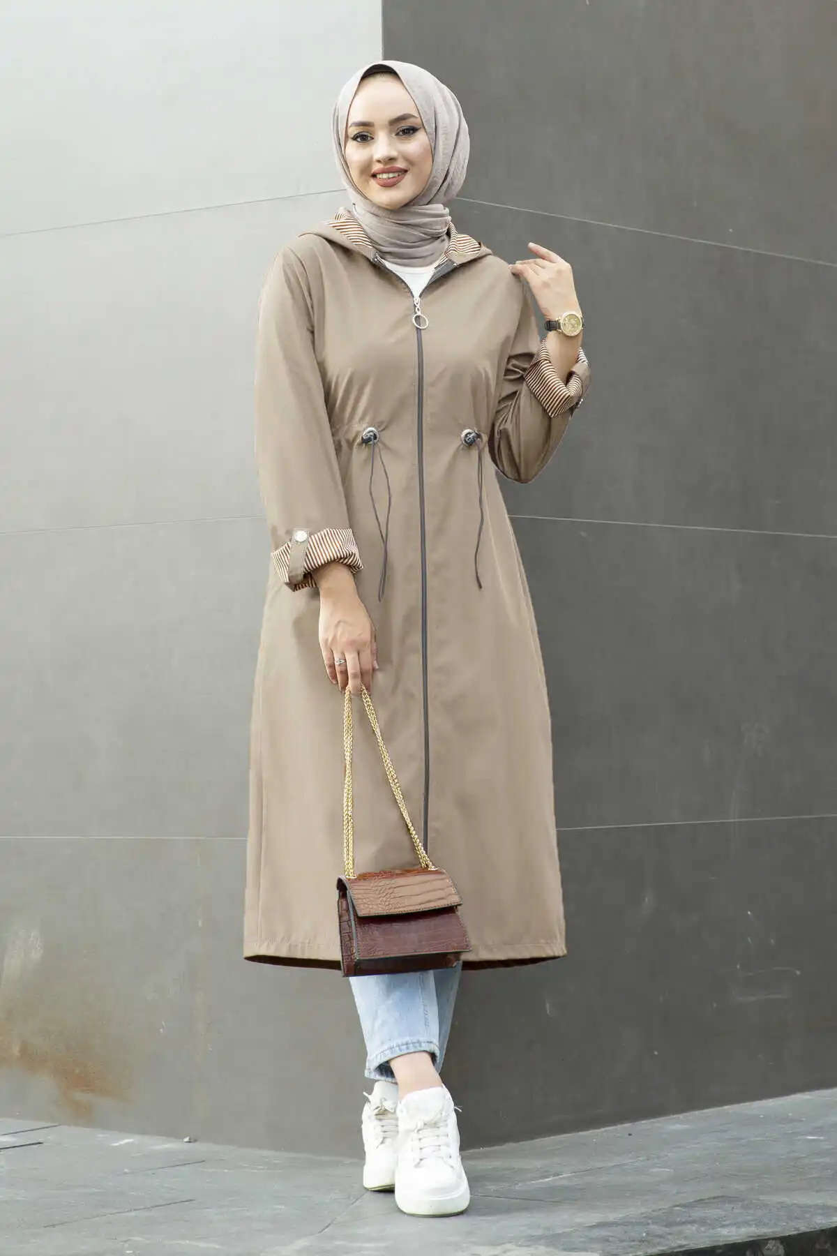 Women Clothing Line Detailed Hooded Hijab Trench Abaya Conjuntos Musulmanes New Overcoat Winter 2022 Fashion Collar Windbreaker