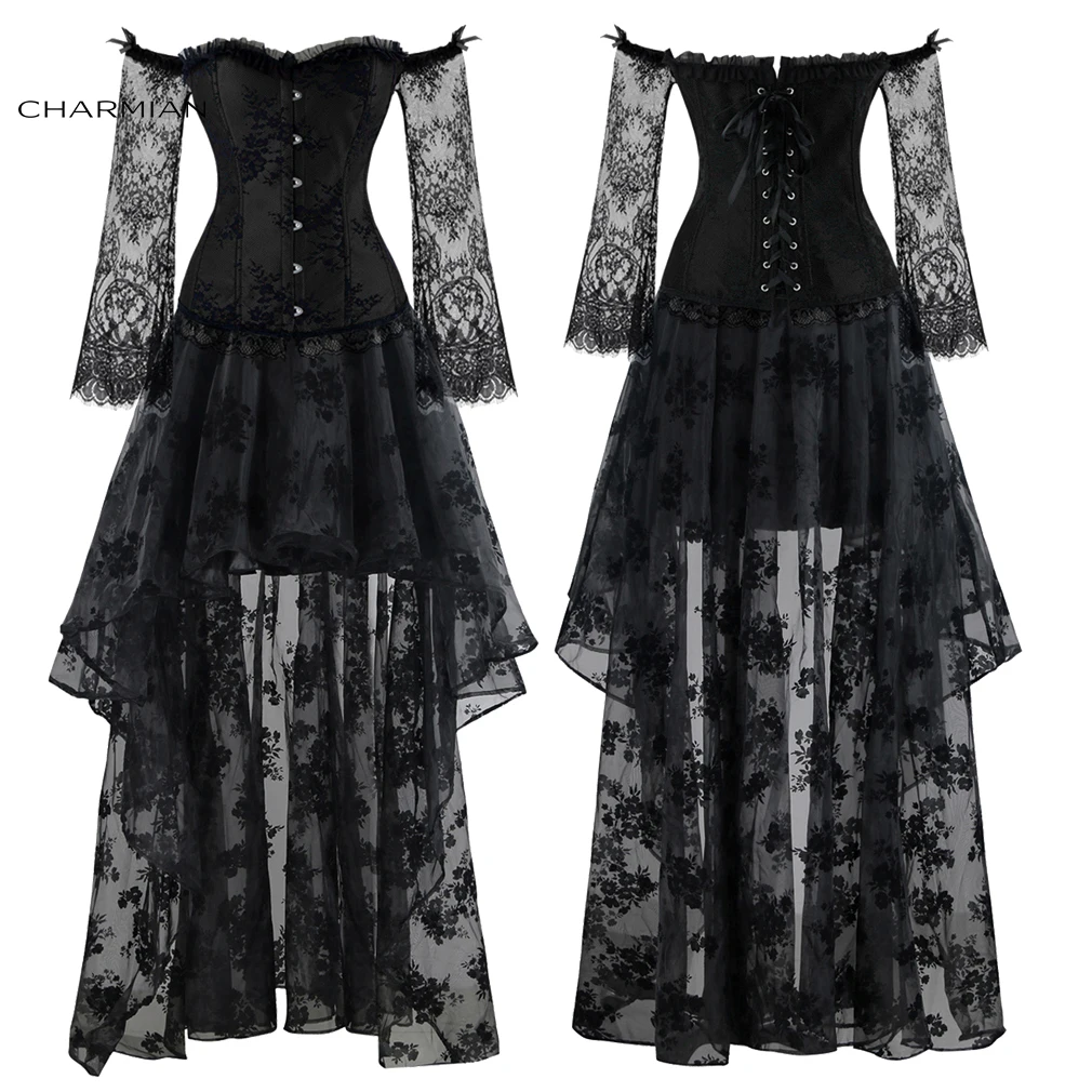 Charmian Steampunk Corset Dress for Women Victorian Off Shoulder Floral Lace Sleeve Corset Top with High Low Skirt Gothic Dress